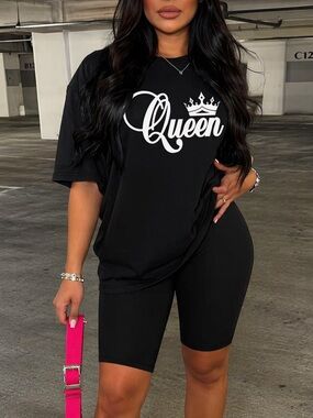 Black 'Queen' Graphic Tee -Biker Short Set